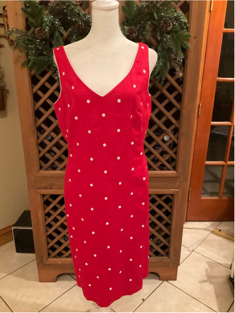 Vintage Donna Morgan Red Polka Dot Linen Sheath Dress Size 10